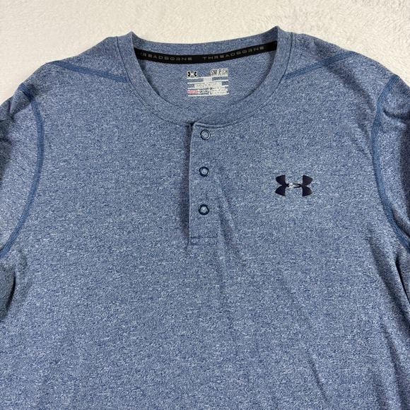 Under Armour Shirt Mens Small Loose Heat Gear‎ Stretch Henley Long Sleeve Blue - Picture 1 of 13